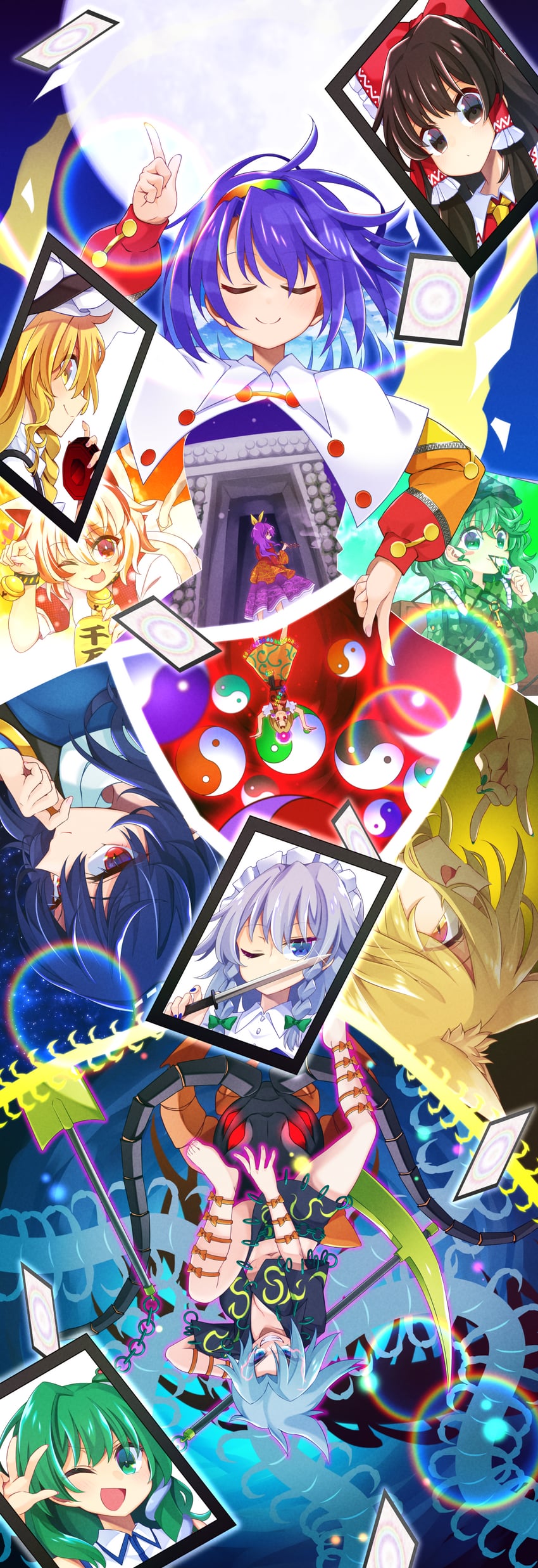 hakurei reimu, kirisame marisa, izayoi sakuya, kochiya sanae, kudamaki tsukasa, and 7 more (touhou and 1 more) drawn by muchin_jousha
