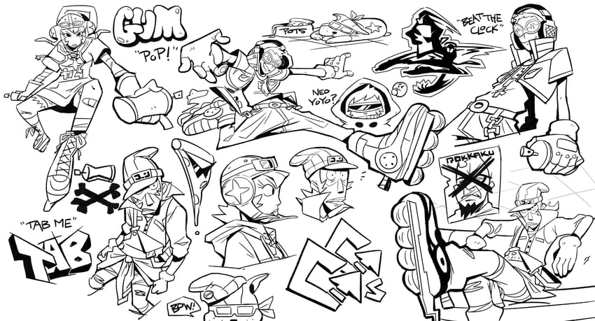 gum, beat, yoyo, tab, pots, and 1 more (jet set radio) drawn by datoonie