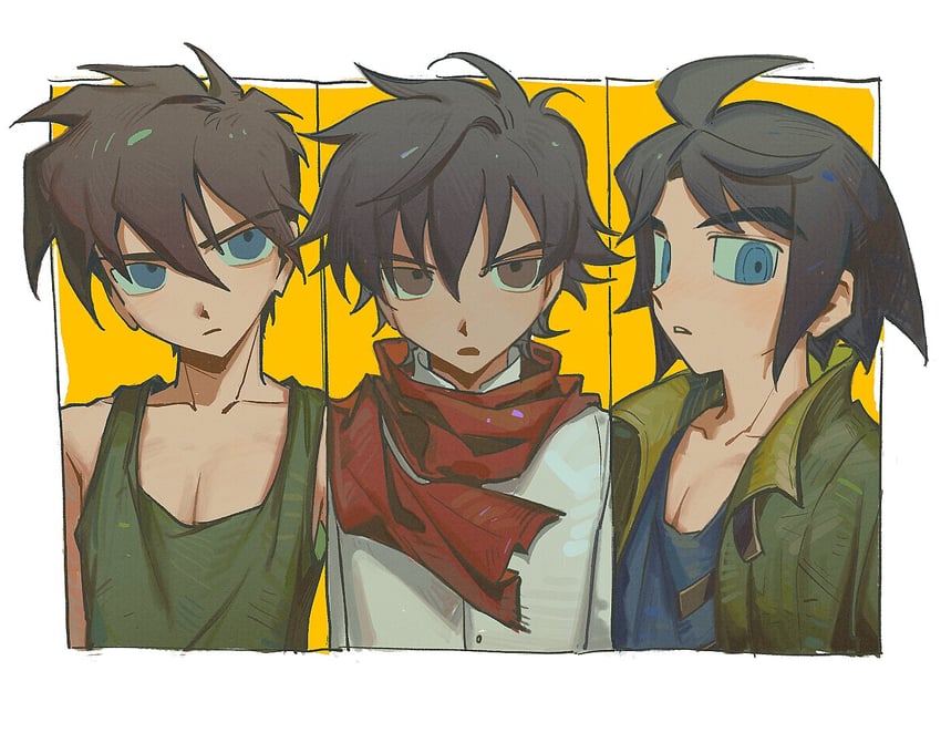 setsuna f. seiei, heero yuy, and mikazuki augus (gundam and 3 more) drawn by bbbbbaasos