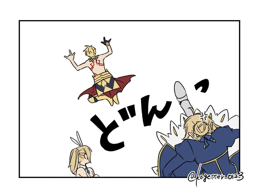 artoria pendragon, saber, and gilgamesh (fate and 1 more) drawn by moonlight_0423