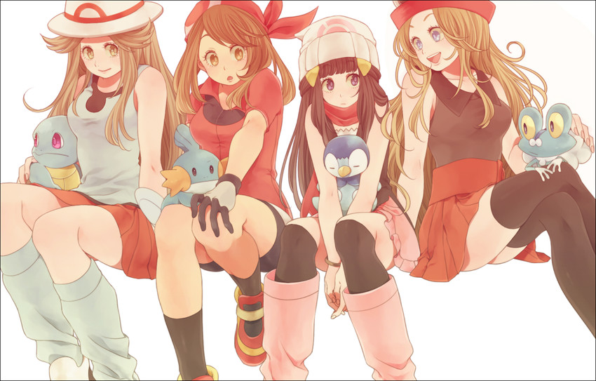 dawn, may, serena, piplup, leaf, and 3 more (pokemon and 4 more) drawn by komasawa_(fmn-ppp)