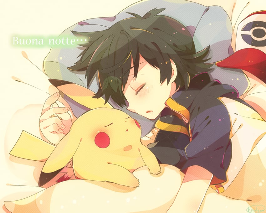 pikachu and ash ketchum (pokemon and 1 more) drawn by nicole_(usako)