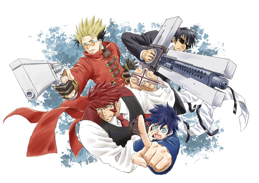 vash the stampede, nicholas d. wolfwood, klaus von reinhertz, and leonardo watch (trigun and 1 more) drawn by macchi_(nijiiruka)