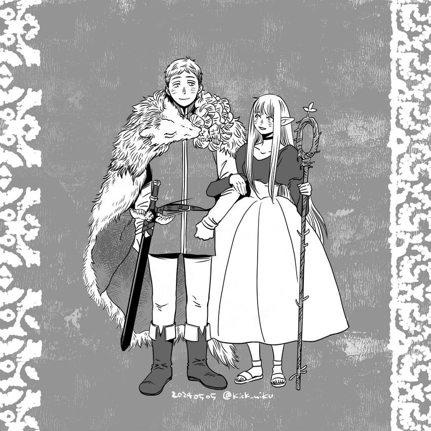 marcille donato, laios touden, and kensuke (dungeon meshi) drawn by nikutama