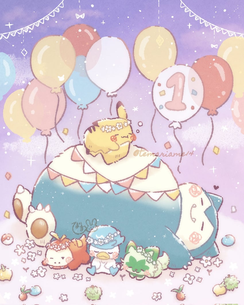 pikachu, sprigatito, fuecoco, snorlax, and quaxly (pokemon and 1 more) drawn by temariame14
