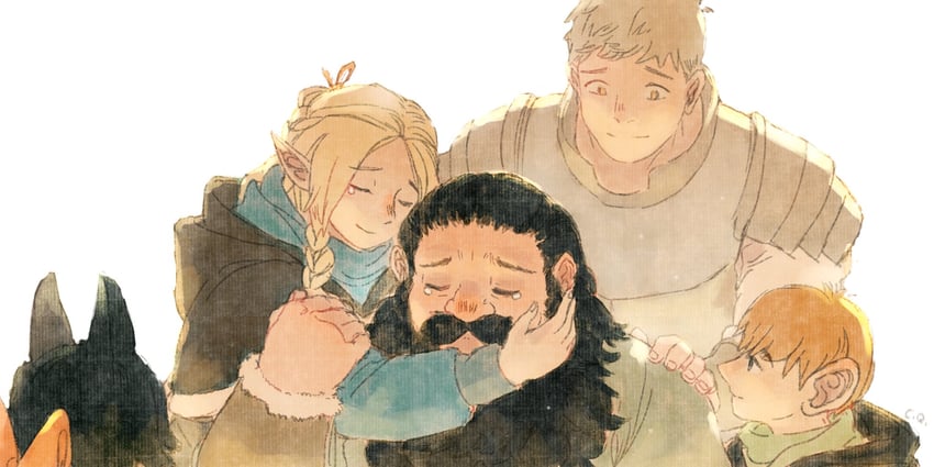 marcille donato, laios touden, senshi, chilchuck tims, and izutsumi (dungeon meshi) drawn by 6xiachunqiu7