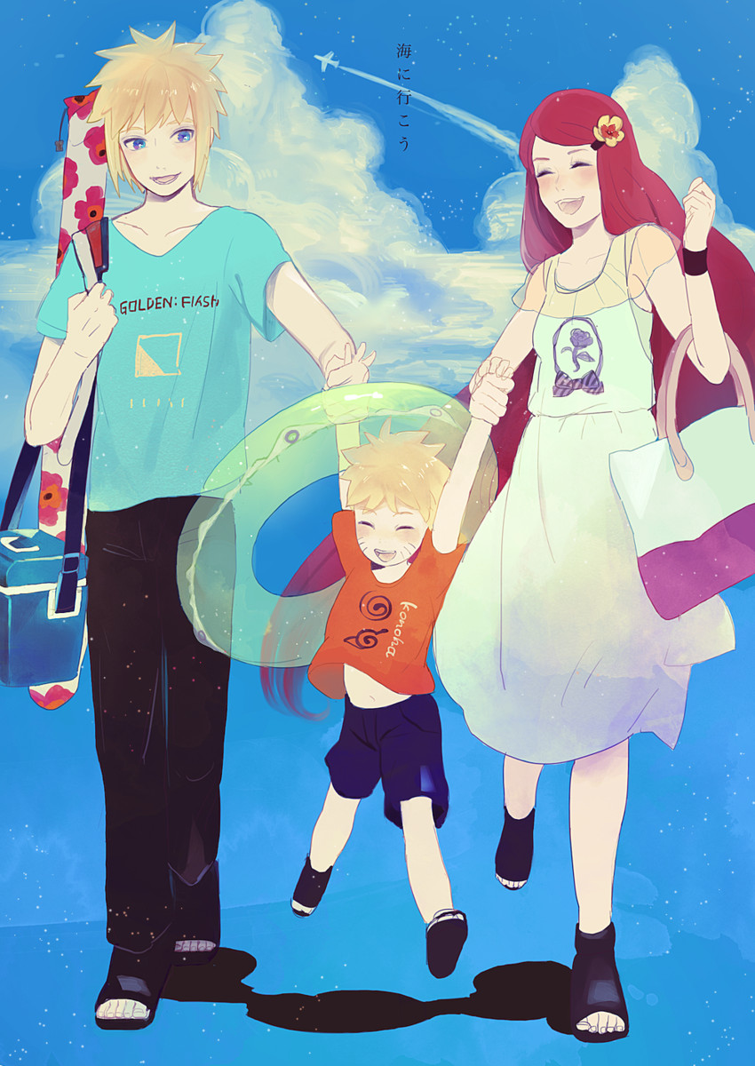 uzumaki naruto, uzumaki kushina, and namikaze minato (naruto) drawn by shione