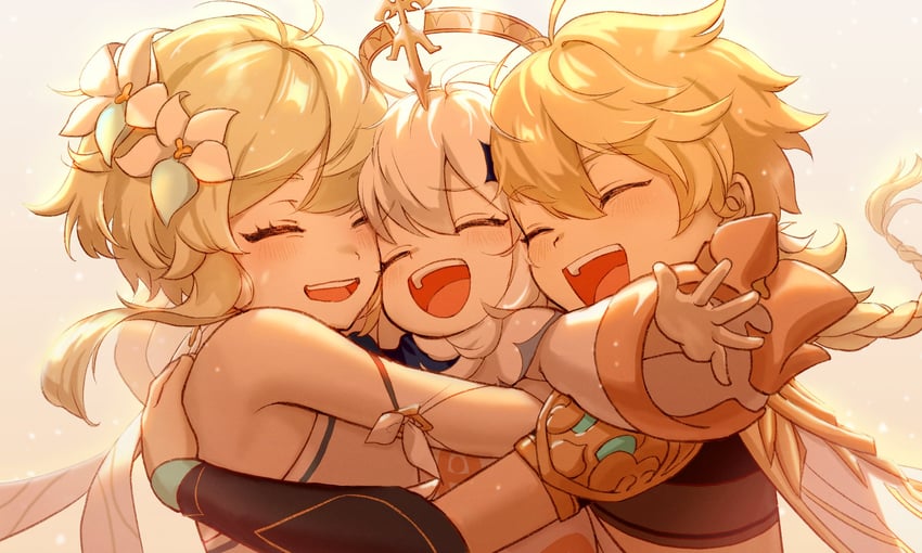 lumine, aether, and paimon (genshin impact) drawn by schneeball_6