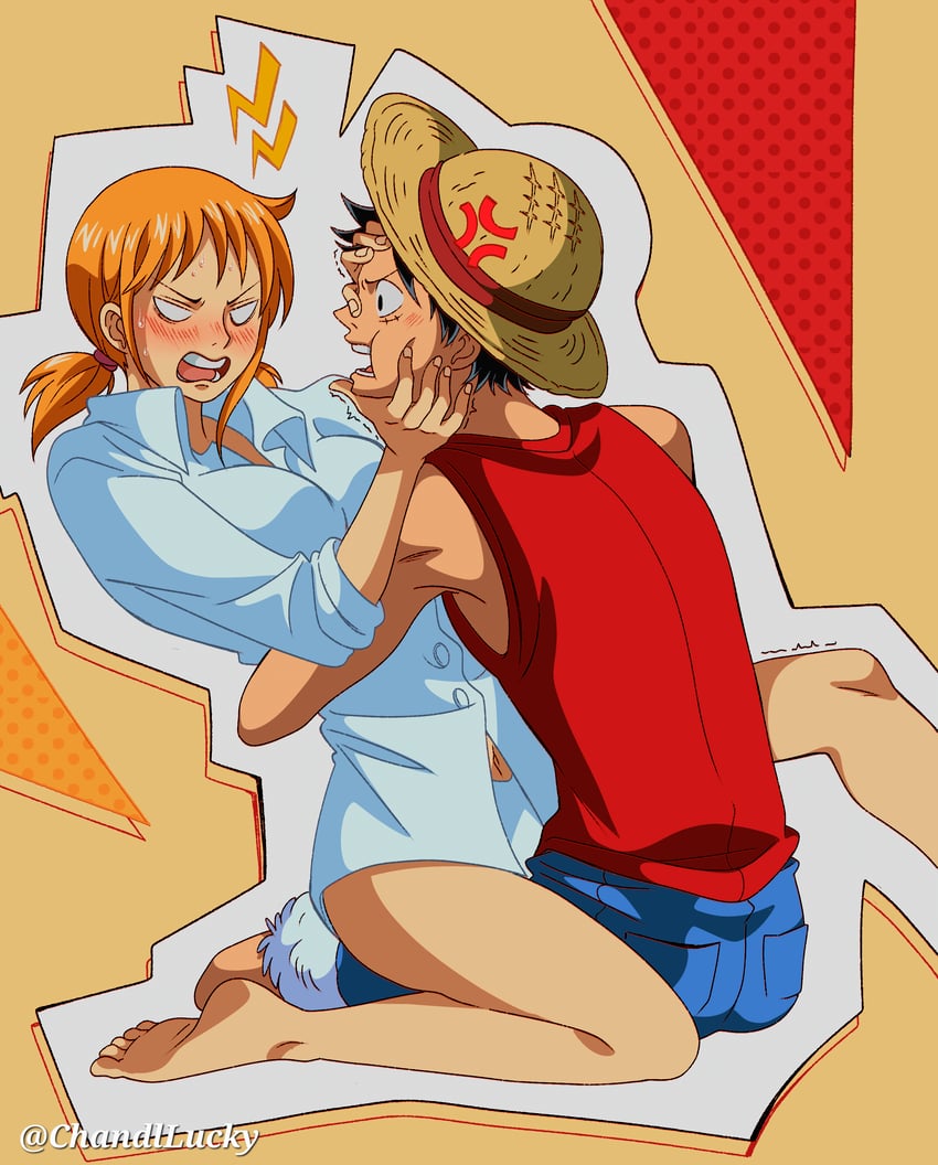 nami and monkey d. luffy (one piece and 1 more) drawn by chandllucky