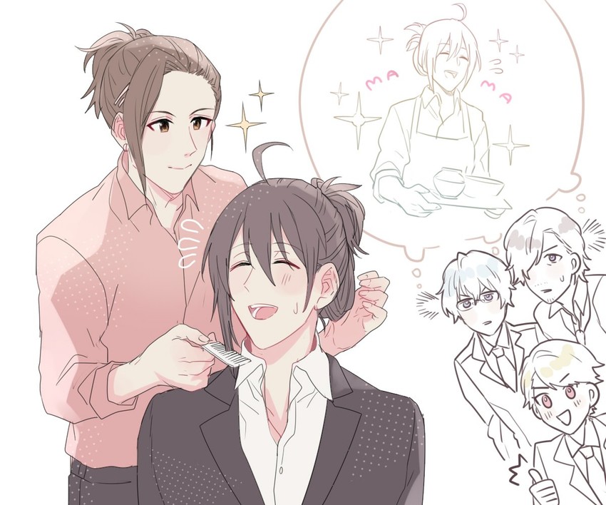producer, maita rui, watanabe minori, yamashita jiro, and hazama michio (idolmaster and 1 more) drawn by meron