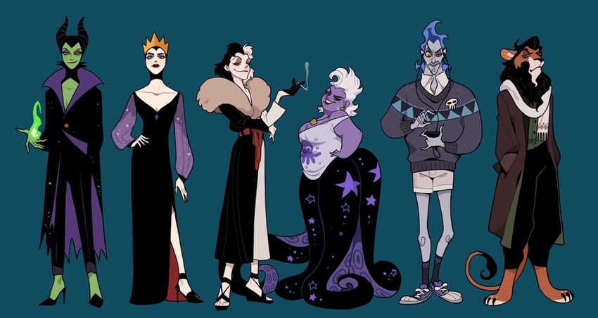 maleficent, queen grimhilde, ursula, hades, cruella de vil, and 1 more (disney and 6 more) drawn by juanmao