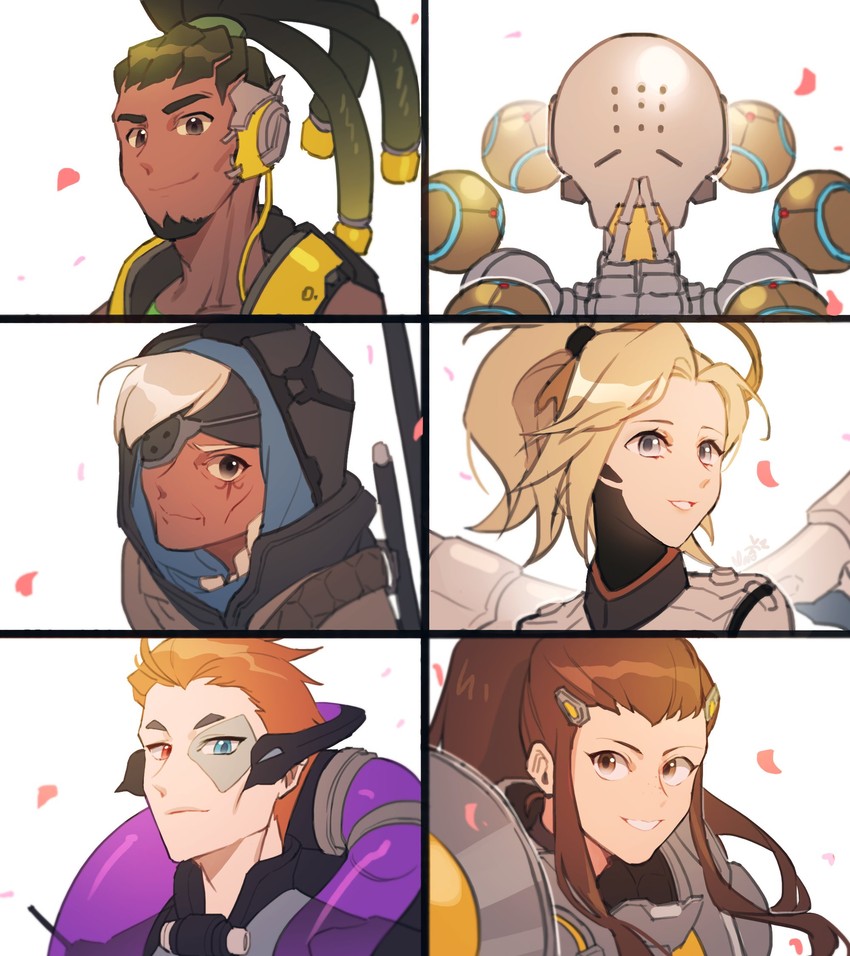 mercy, ana, brigitte, lucio, zenyatta, and 1 more (overwatch and 1 more) drawn by maro_(lij512)