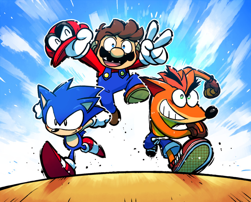 mario, sonic the hedgehog, classic sonic, cappy, and crash bandicoot (mario and 4 more) drawn by rariatto_(ganguri)