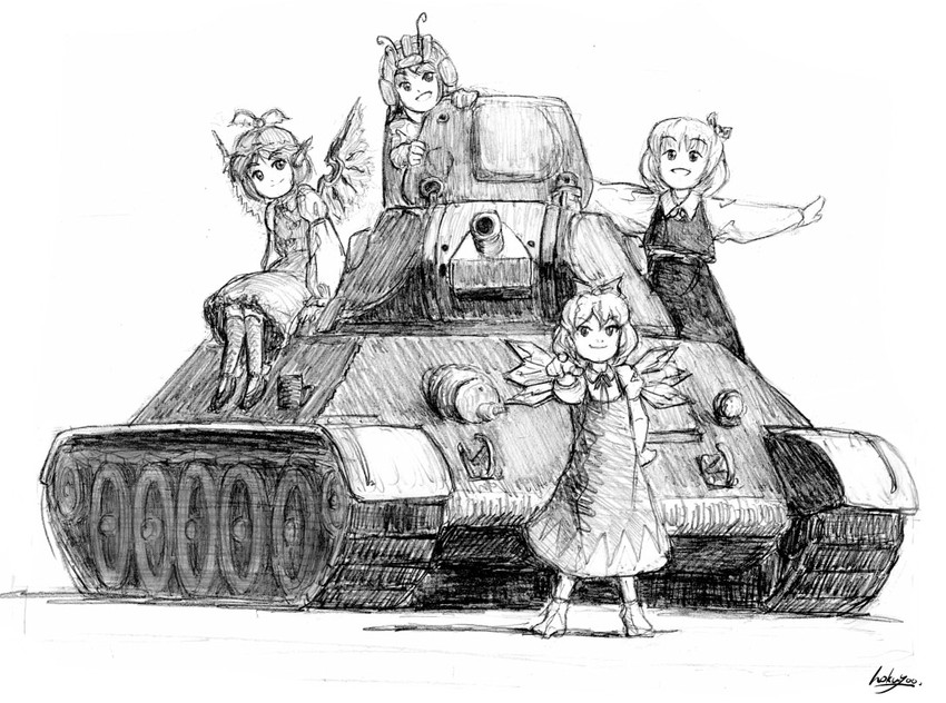 cirno, rumia, mystia lorelei, and wriggle nightbug (touhou) drawn by hokuyoo