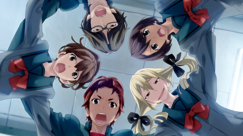 senomiya akiho, koujiro frau, yashio kaito, daitoku junna, and hidaka subaru (robotics;notes) drawn by fukuda_tomonori