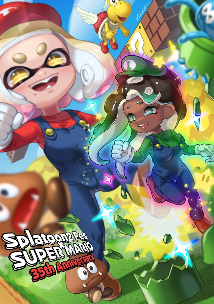 mario, luigi, marina, pearl, jellyfish, and 2 more (splatoon and 2 more) drawn by iria_(yumeirokingyo)