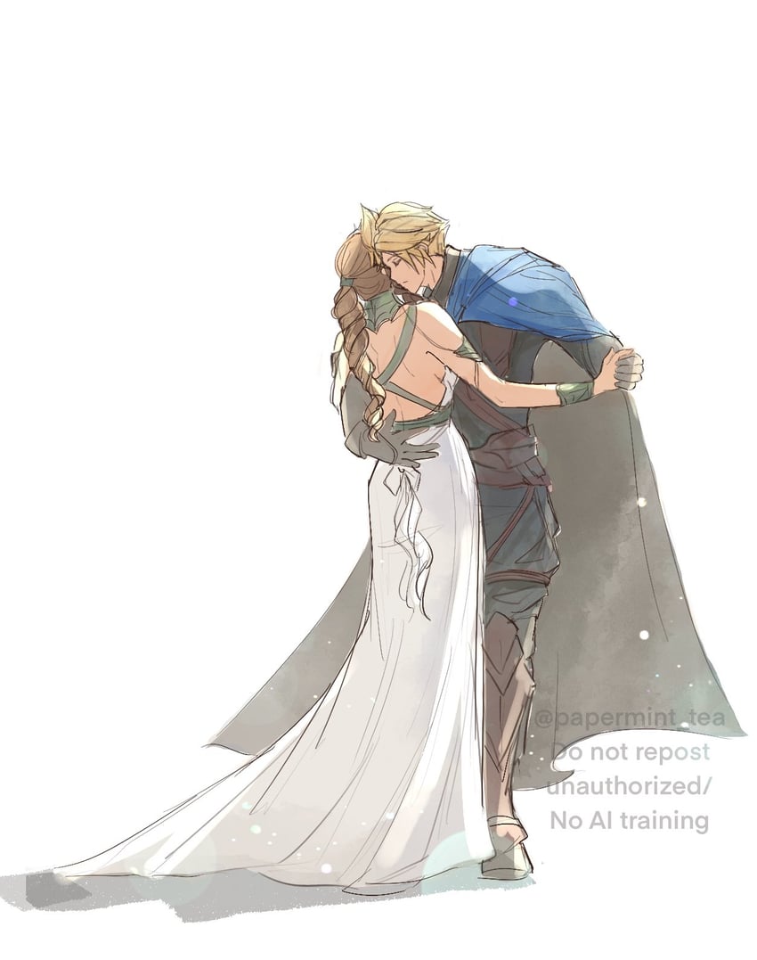 cloud strife and aerith gainsborough (final fantasy and 3 more) drawn by papermint_tea