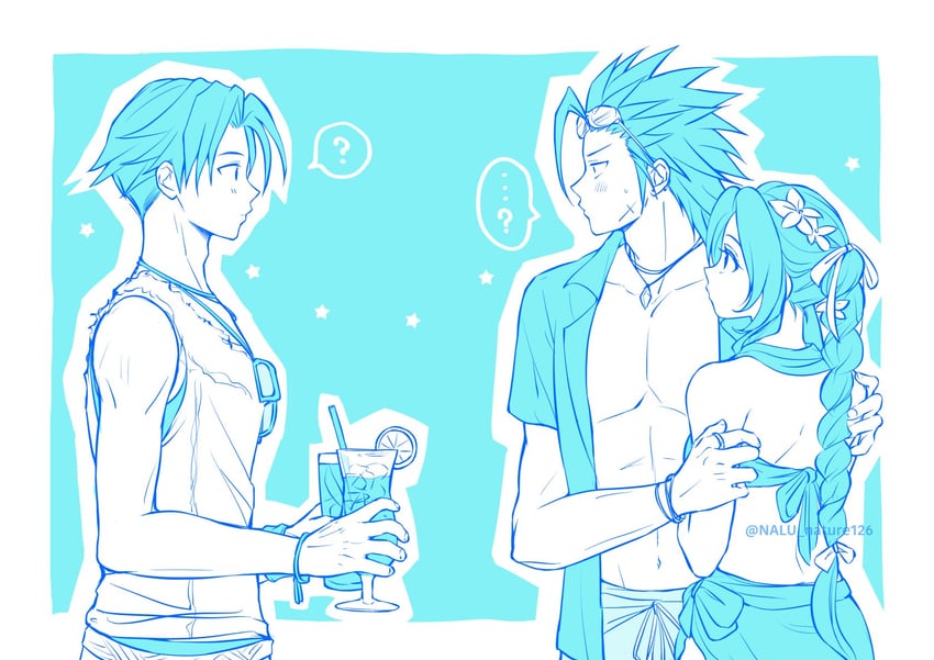 aerith gainsborough, zack fair, and angeal hewley (final fantasy and 4 more) drawn by nalu