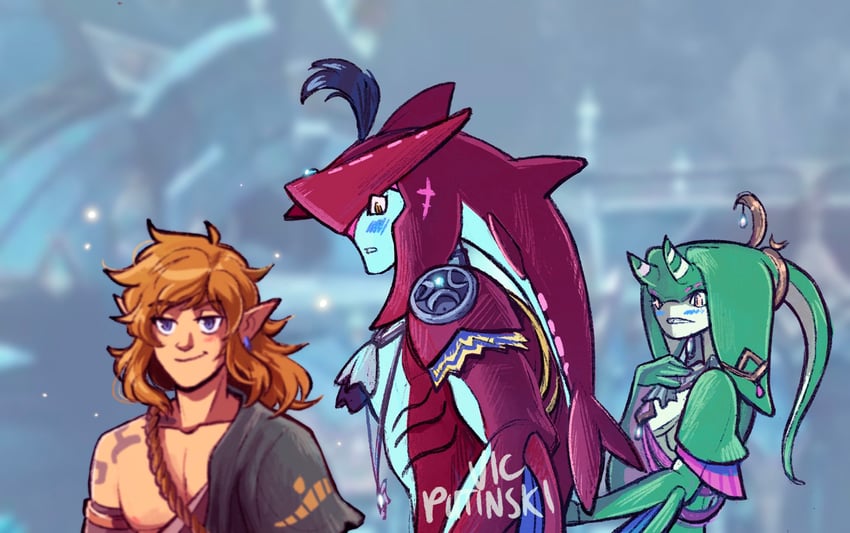 link, sidon, and yona (the legend of zelda and 1 more) drawn by victoria_putinski