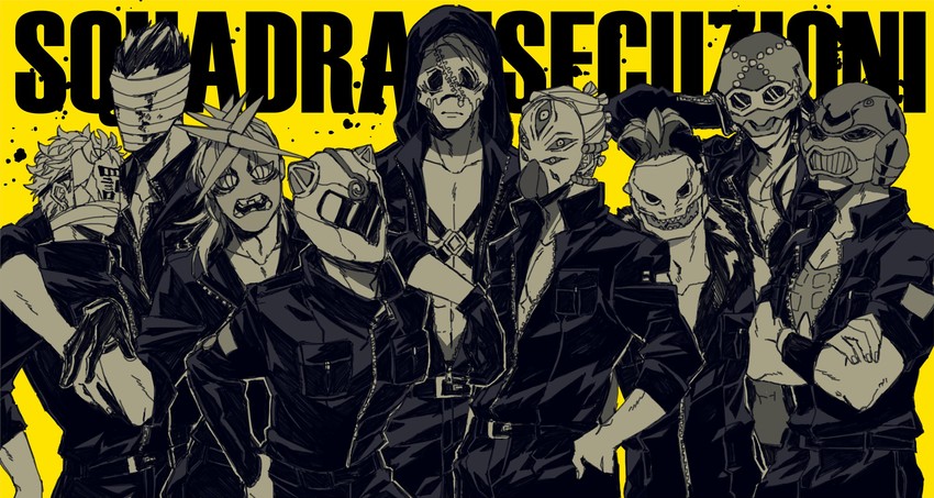 prosciutto, risotto nero, melone, ghiaccio, illuso, and 11 more (jojo no kimyou na bouken and 1 more) drawn by eibm