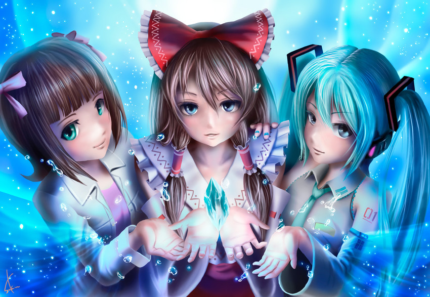 hatsune miku, hakurei reimu, and amami haruka (touhou and 2 more) drawn by poo_(saku)