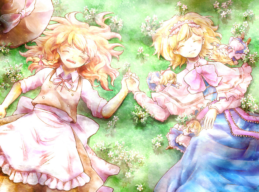 kirisame marisa, alice margatroid, and shanghai doll (touhou) drawn by knora