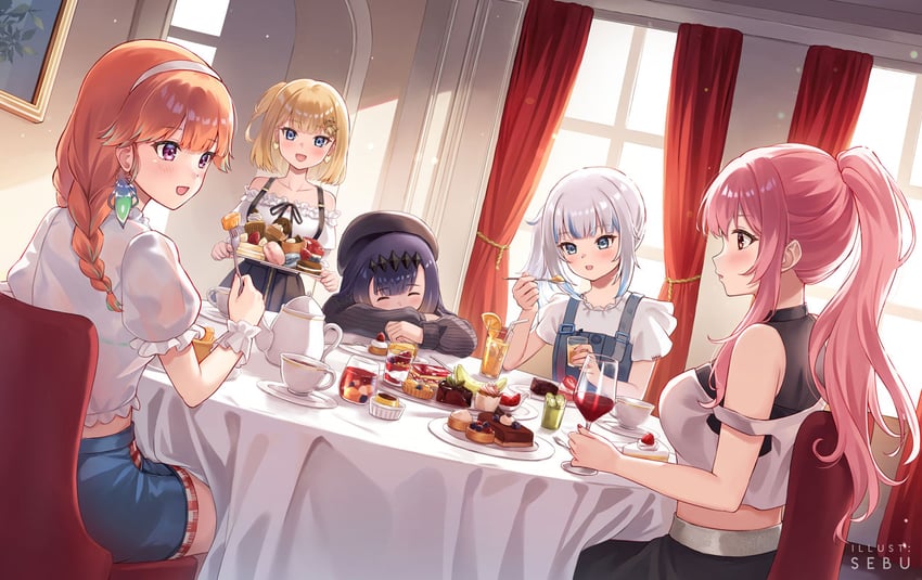 gawr gura, mori calliope, ninomae ina'nis, takanashi kiara, and watson amelia (hololive and 1 more) drawn by sebu_illust