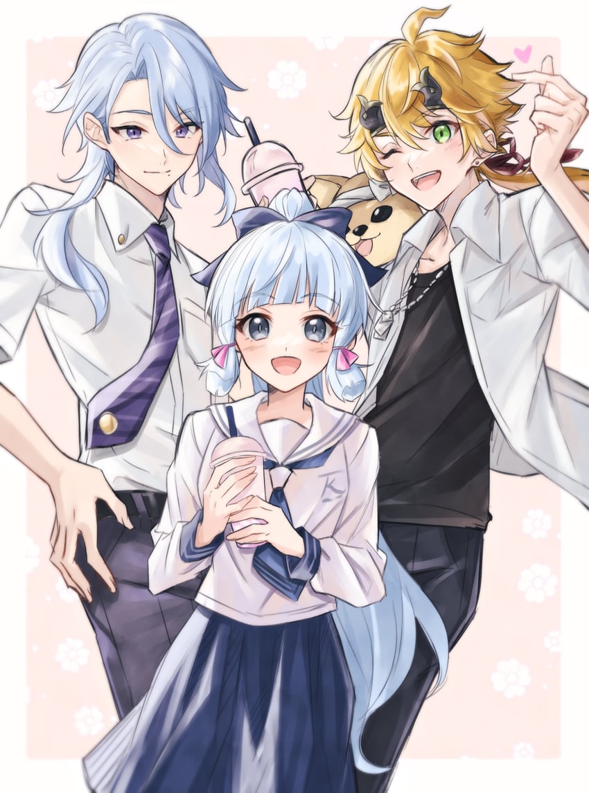 kamisato ayaka, kamisato ayato, thoma, and taroumaru (genshin impact) drawn by mizuamememe