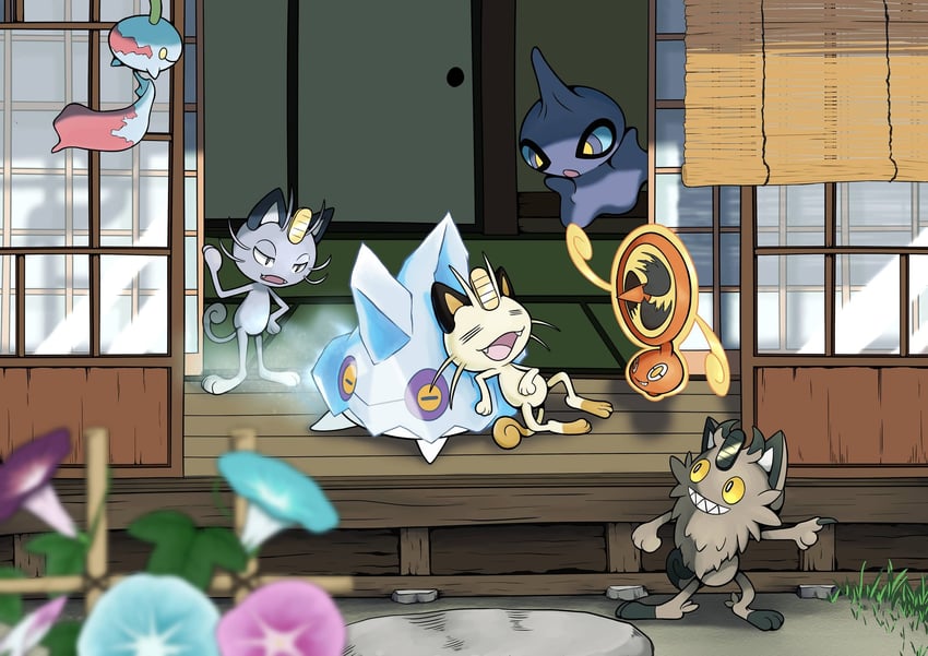 rotom, meowth, chimecho, shuppet, alolan meowth, and 2 more (pokemon) drawn by q-chan