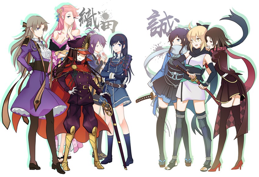 okita souji, oda nobunaga, kashuu kiyomitsu, yamato-no-kami yasusada, yagen toushirou, and 3 more (fate and 3 more) drawn by shou_j