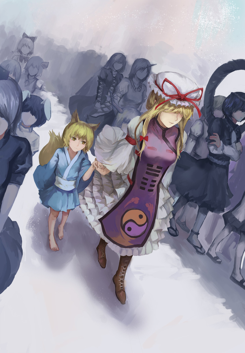 cirno, yakumo yukari, yakumo ran, rumia, ibuki suika, and 6 more (touhou) drawn by jiliang_ji_ying