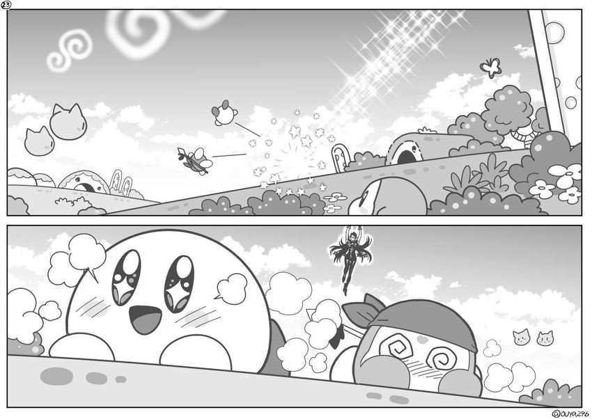 kirby, bayonetta, waddle dee, bandana waddle dee, and scarfy (kirby and 2 more) drawn by ouya_(maboroshimori)