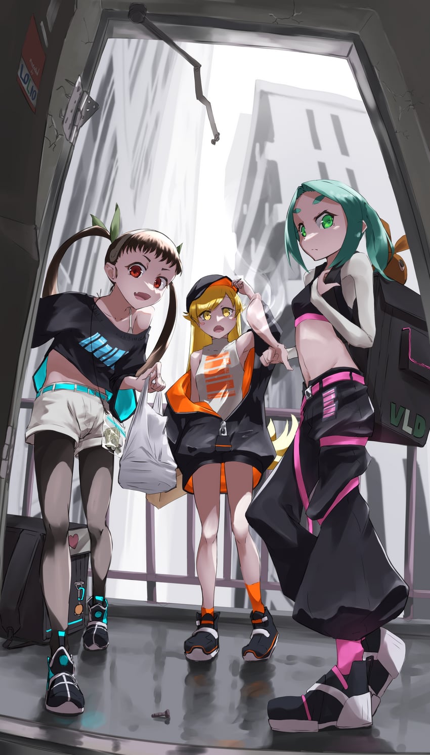 oshino shinobu, hachikuji mayoi, and ononoki yotsugi (monogatari) drawn by bunoshii