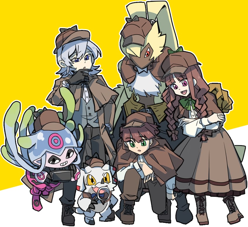jellymon, gammamon, higashimitarai kiyoshiro, amanokawa hiro, tsukiyono ruli, and 1 more (digimon and 1 more) drawn by digibibim