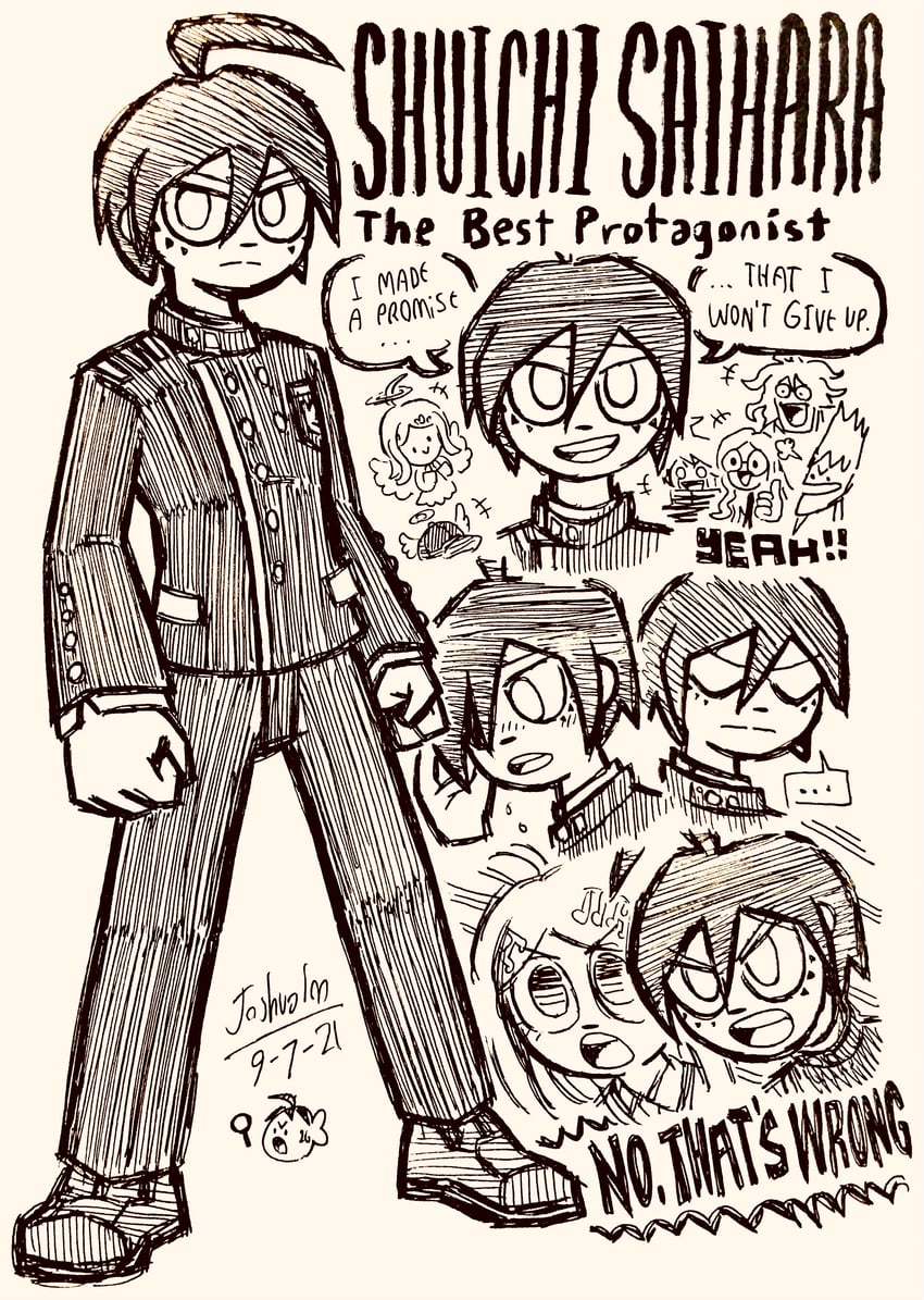 saihara shuichi, akamatsu kaede, momota kaito, k1-b0, shirogane tsumugi, and 1 more (danganronpa and 1 more) drawn by josh-s26