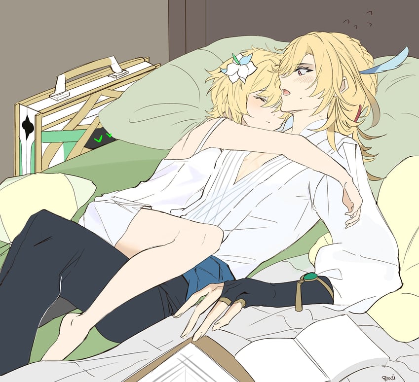 lumine, kaveh, and mehrak (genshin impact) drawn by penzi_(mok_pen)