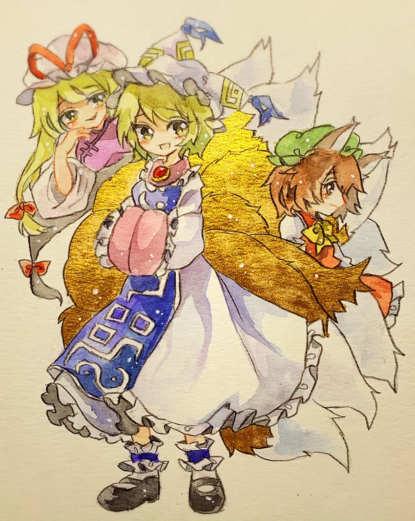 yakumo yukari, yakumo ran, and chen (touhou) drawn by key747h