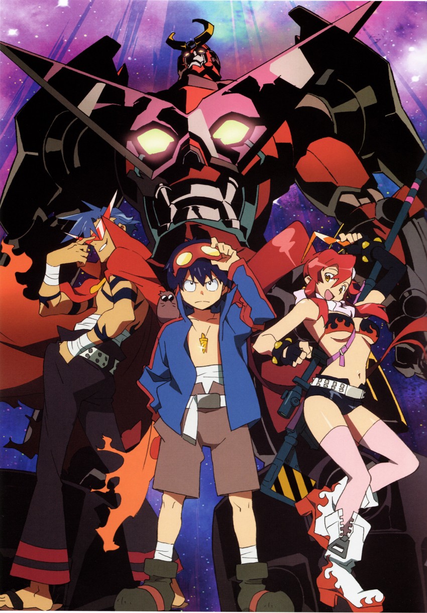 yoko littner, simon, kamina, boota, and gurren-lagann (tengen toppa gurren lagann) drawn by nishigori_atsushi and yoshinari_you