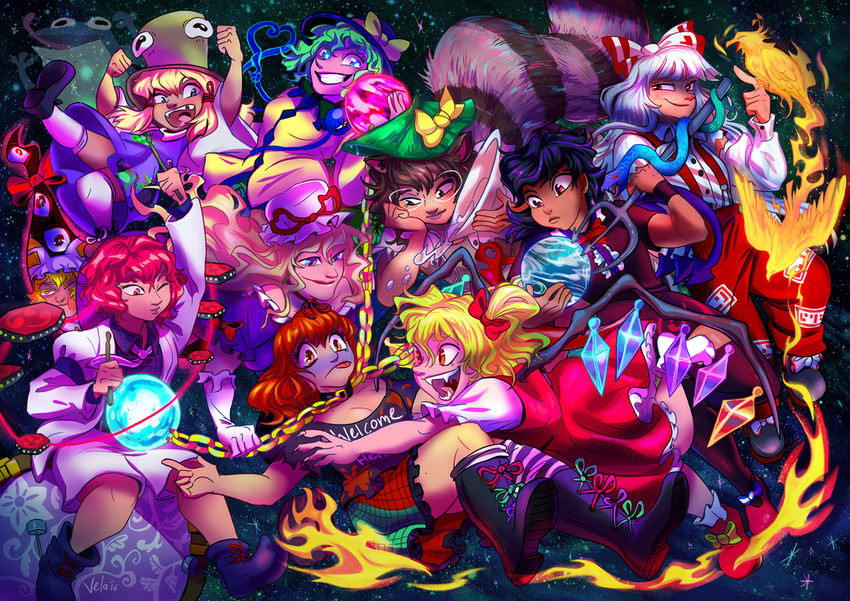 flandre scarlet, komeiji koishi, yakumo yukari, fujiwara no mokou, yakumo ran, and 5 more (touhou) drawn by noodles_(retronoodles)