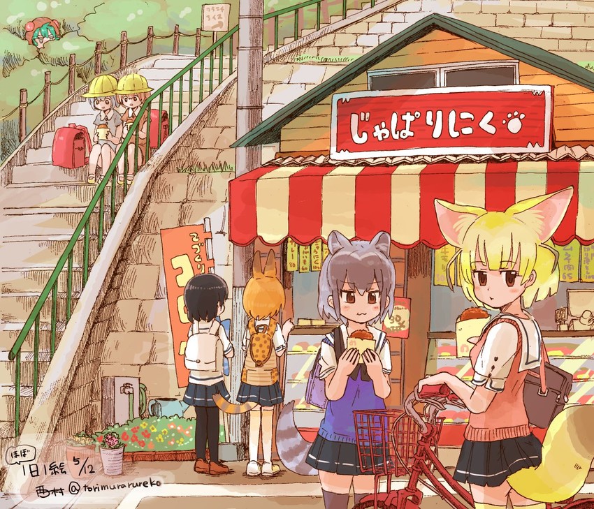 serval, kaban, common raccoon, fennec, lucky beast, and 3 more (kemono friends) drawn by rureko_(torimura)