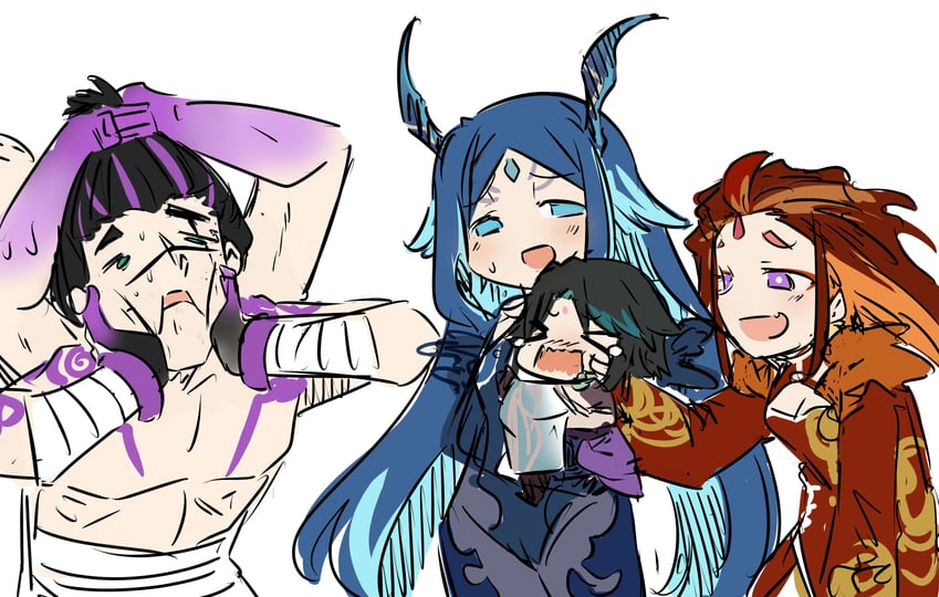 xiao, bonanus, indarias, and bosacius (genshin impact) drawn by sesield