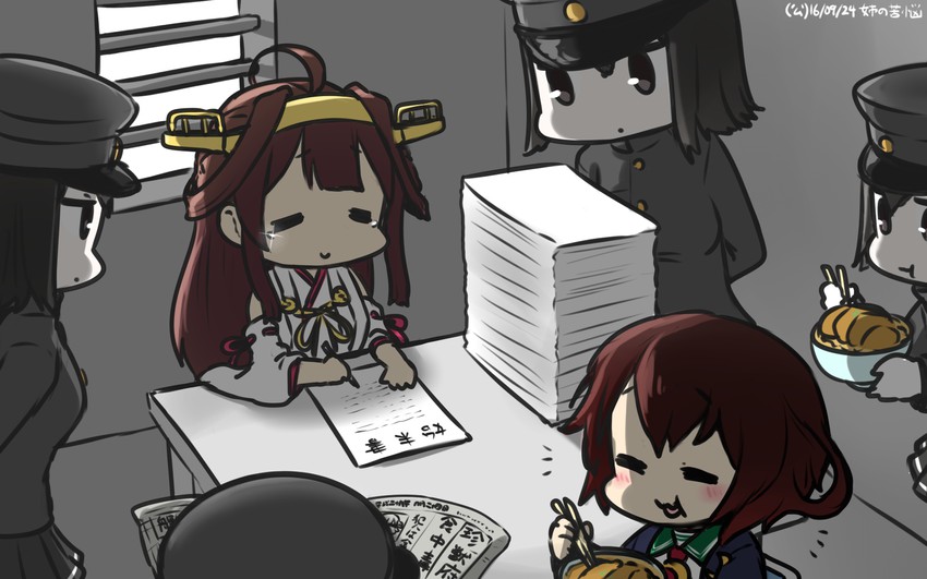 kongou, akitsu maru, mutsuki, kongou kai ni, akitsu maru kai, and 1 more (kantai collection) drawn by hamu_koutarou