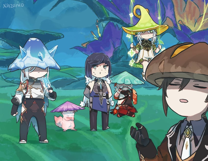 yae miko, nahida, zhongli, shenhe, yelan, and 2 more (genshin impact) drawn by xinzoruo
