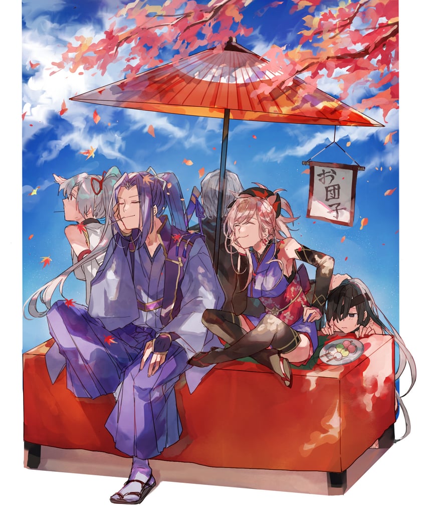 miyamoto musashi, tomoe gozen, sasaki kojirou, mochizuki chiyome, and yagyuu munenori (fate and 1 more) drawn by waltz_(tram)