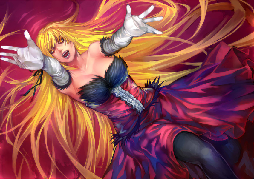 oshino shinobu and kiss-shot acerola-orion heart-under-blade (monogatari) drawn by irohara_mitabi