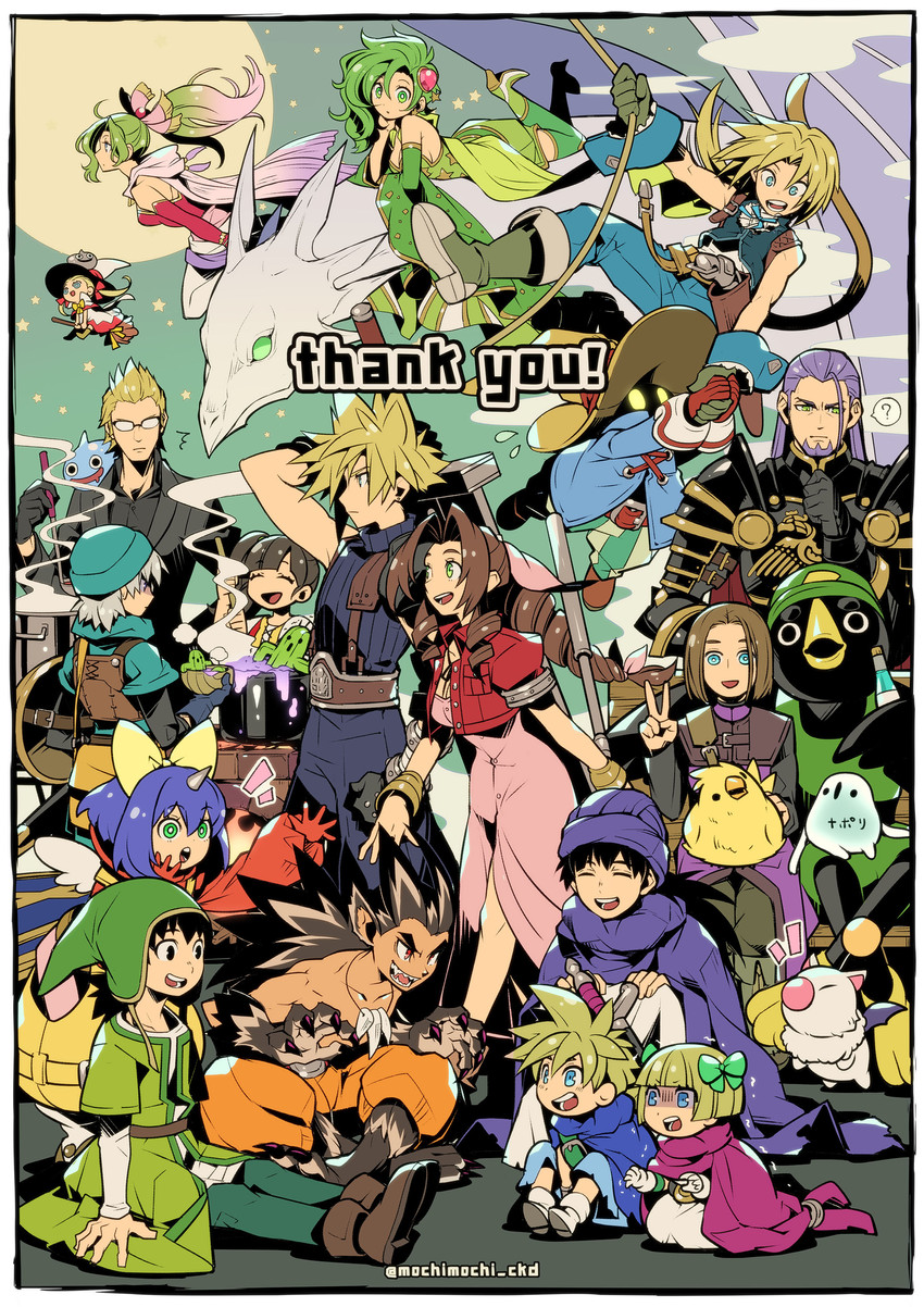 cloud strife, aerith gainsborough, terra branford, moogle, slime, and 8 more (final fantasy and 11 more) drawn by mochimochi_ckd