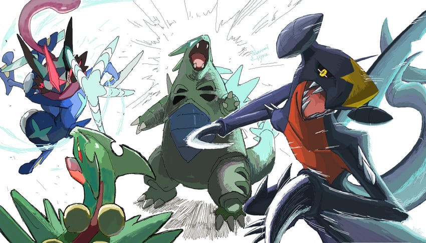garchomp, greninja, tyranitar, sceptile, ash-greninja, and 1 more (pokemon) drawn by riotono_0643