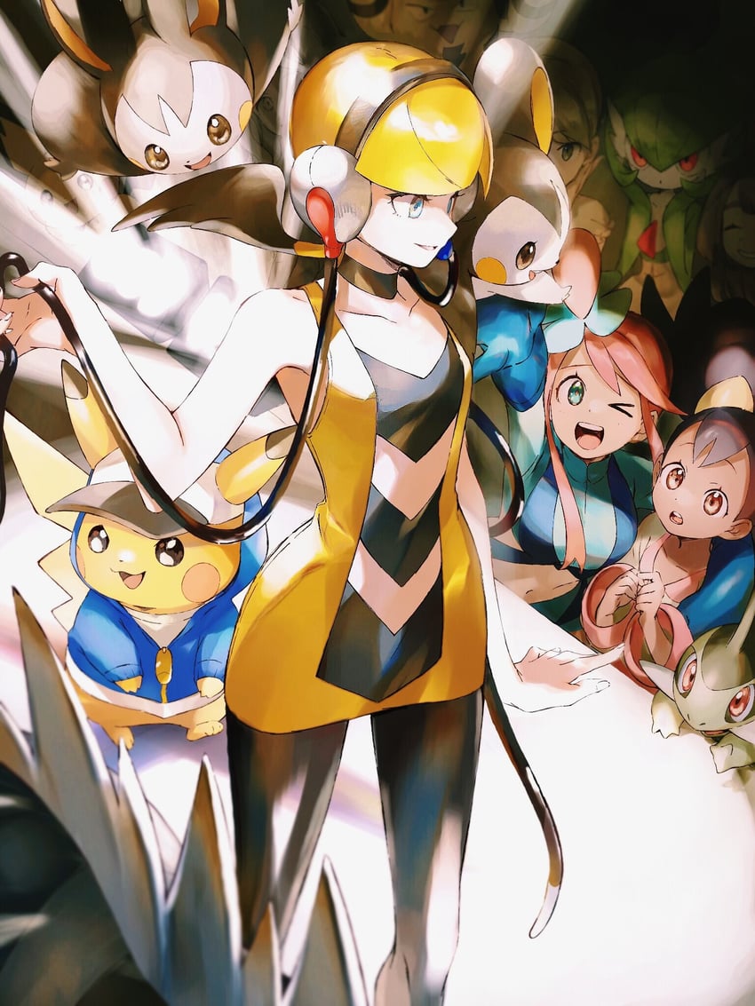 gardevoir, pikachu, skyla, elesa, iris, and 4 more (pokemon and 1 more) drawn by orange_mikan
