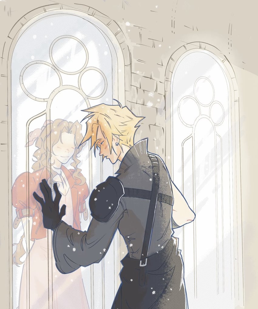 cloud strife and aerith gainsborough (final fantasy and 4 more) drawn by clily027