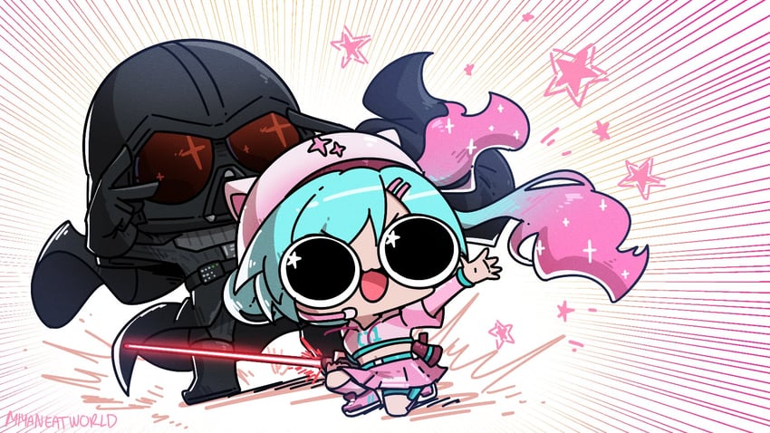 hatsune miku, darth vader, and neko hatsune miku (vocaloid and 2 more) drawn by miyan_(oceanmaiden)